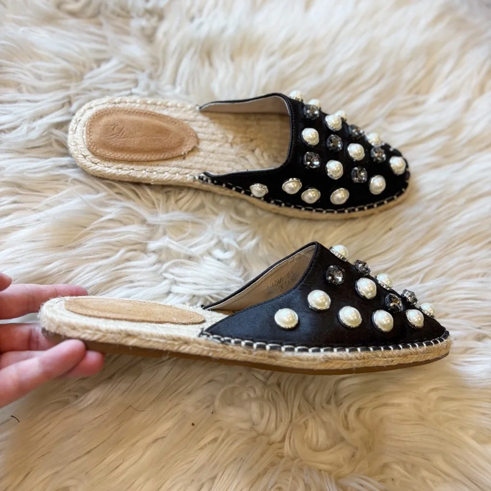 Vintage Havana Black Satin Naomi Rhinestone & Pearl Studded Espadrille Flats 8.5